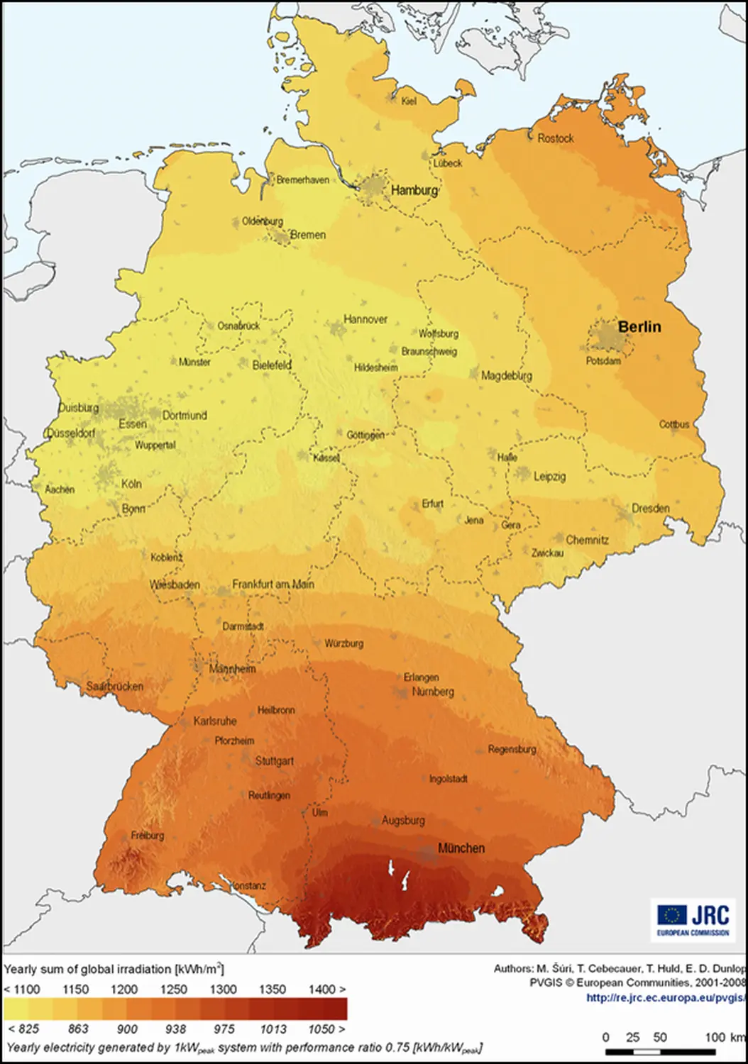 Jährliche durchschnittliche Menge an maximalen Sonnenscheinstunden in der Karte vom Solarzentrum Thüringen